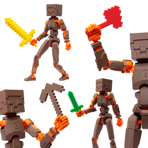 Robot jucarie cu articulatii R13 tip Minecraft, mediu, 16,5cm, imprimat 3D, complet asamblat - maro-portocaliu [4]