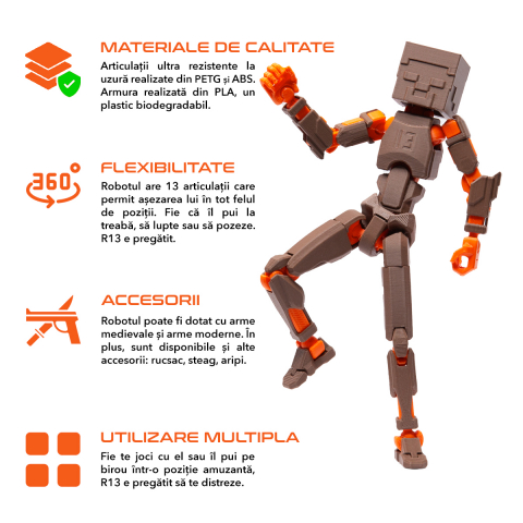 Robot jucarie cu articulatii R13 tip Minecraft, mediu, 16,5cm, imprimat 3D, complet asamblat - maro-portocaliu [1]