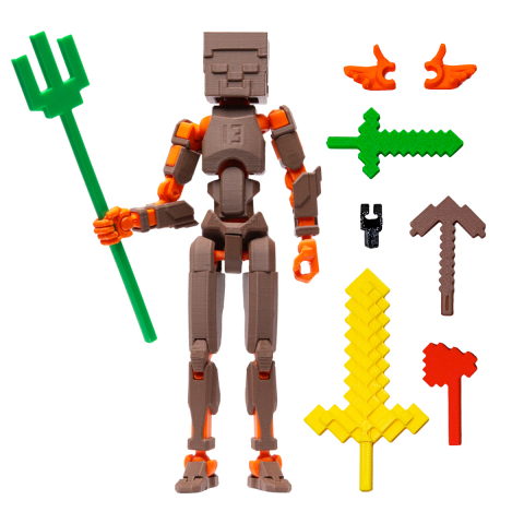 Robot R13 - Robot jucarie cu articulatii R13 tip Minecraft, mediu, 16,5cm, imprimat 3D, complet asamblat - maro-portocaliu