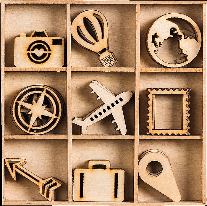 KP DECORATIUNI LEMN CALATORIE 45 piese, 9 modele, 3cm 18521040 [1]