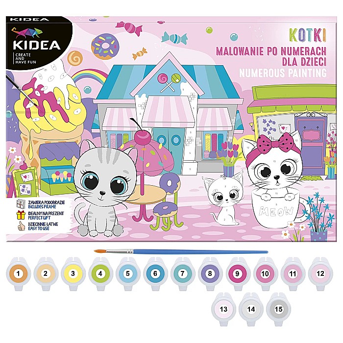 DE SET PICTURA PE NUMERE PISICUTE 30*27CM, 15 CULORI + PENSULA KIDEA OMNKKA [1]