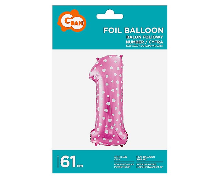 GOD BALON FOLIE ALUMINIU digit 1, 61cm, pink with hearts HS-C26R1 [2]