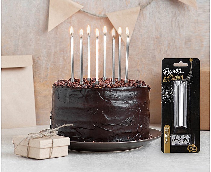 GOD LUMANARI TORT Birthday candles with holders, silver, 10cm 8/set PF-SUSR [2]