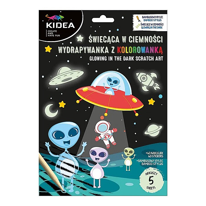 DE CARTE DE COLORAT SCRATCH ART BOOK 5 COLI + STICKERE COSMOS GLOW IN THE DARK KIDEA SCWKKKA [1]