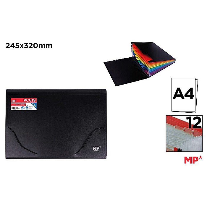 SERVIETA IPB A4 PP NEAGRA 12 COMPARTIMENTE COLORATE, CU ELASTIC PC619 [1]