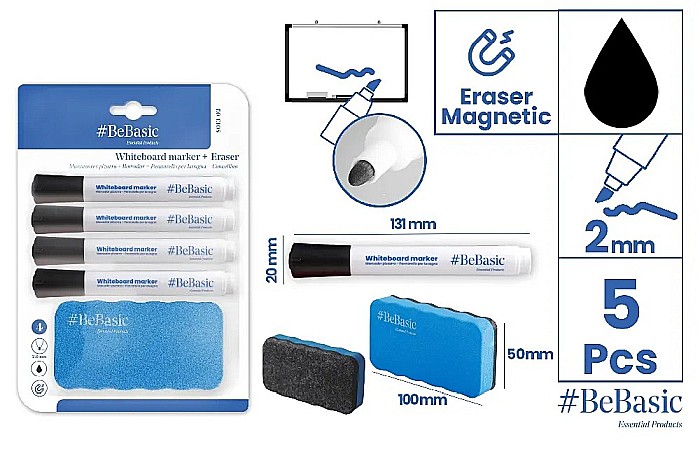 MARKER WHITEBOARD BeBasic 4/SET, NEGRU + BURETE TABLA MAGNETICA S013-02 [1]