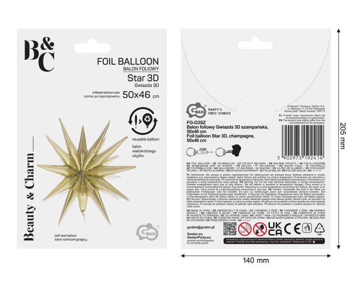 BALON FOLIE ALUMINIU Star 3D, champagne, 50cm FG-G3SZ [4]