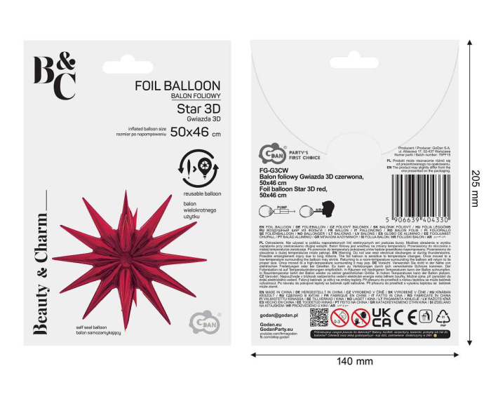 BALON FOLIE ALUMINIU Star 3D, red, 50cm FG-G3CW [4]