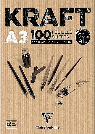 Blocuri de desen profesionale - CF BLOC DESEN A3 100F 90GR/m2, hartie KRAFT Verge Brun, double face CLAIREFONTAINE 96546C