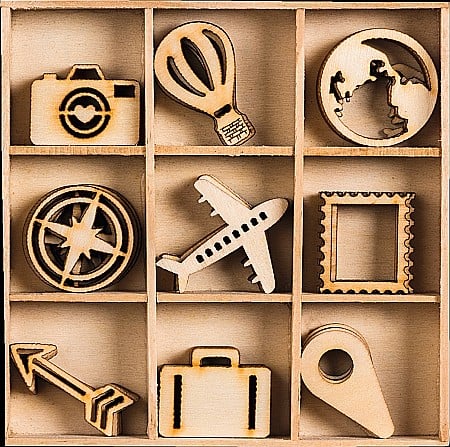 Obiecte Decorative din Lemn - KP DECORATIUNI LEMN CALATORIE 45 piese, 9 modele, 3cm 18521040