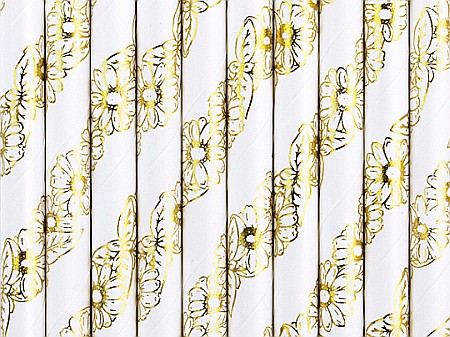 Farfurii/ Pahare/ Servetele/ Paie/ Tacamuri - PD PAIE DIN HARTIE PENTRU BAUTURI metallic gold daisies, 19.5cm 10/set SPP14M-019