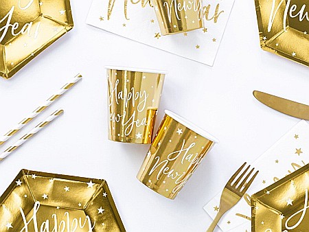 Farfurii/ Pahare/ Servetele/ Paie/ Tacamuri - PD PAHAR CARTON Happy New Year, gold, 220ml 6/SET  KPP64-019M-EU1