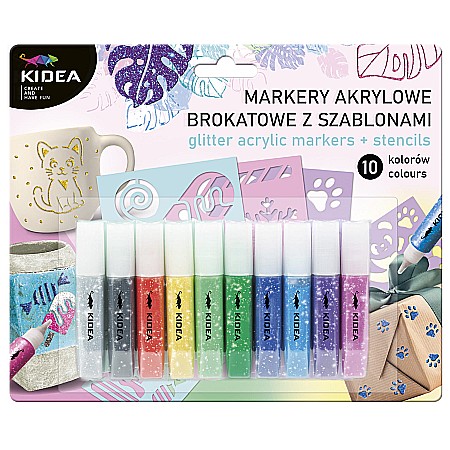 Markere Acrilice - DE MARKERE CU VOPSEA ACRILICA 10 CULORI GLITTER + SABLOANE KIDEA MAB10KSKA