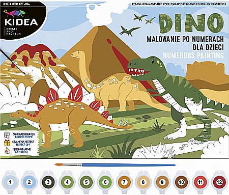 Pictura pe numere - DE SET PICTURA PE NUMERE 30*27CM, 12 CULORI + PENSULA, DINOZAURI KIDEA OMNDKA