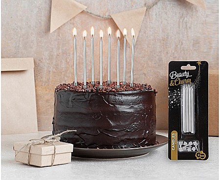 GOD LUMANARI TORT Birthday candles with holders, silver, 10cm 8/set PF-SUSR [1]
