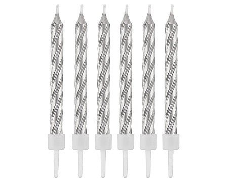 HOBBY - GOD LUMANARI TORT Candles with holders, swirl silver 8cm, 12/set SF-SZSR