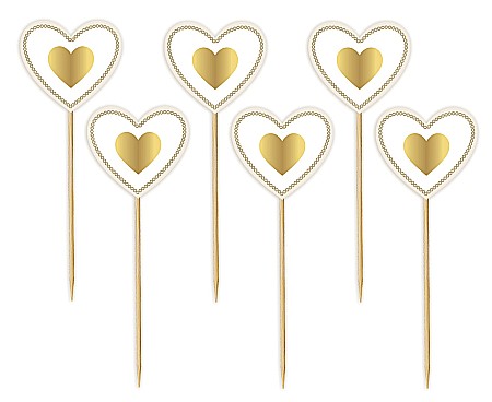Decoratiuni/ Lumanari Tort/ Briose - GOD DECORATIUNI DIN LEMN PENTRU BRIOSE Picks Gold Heart, 6/set RV-PZLS