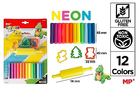 RECHIZITE SCOLARE - PLASTILINA IPB 12 CULORI NEON + 4 INSTRUMENTE MODELAJ, GLUTEN FREE PY049