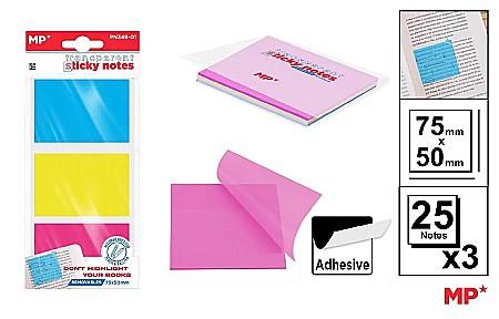 Notite autoadezive - POST IT ADEZIV TRANSLUCID IPB 75*50MM CULORI NEON 3*25/SET PN349-01