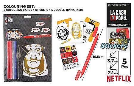 Kit Pictura - SET DE COLORAT IPB LA CASA DE PAPEL CU STICKERE SI 5 CARIOCI CU 2 CAPETE NFCP013-01