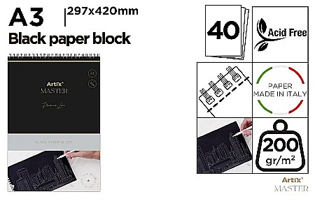 FINE ARTS&GRAPHICS - BLOC SCHITE HARTIE NEAGRA IPB A3 ARTIX SPIRA 40 COLI 200GR/M2 PB1025