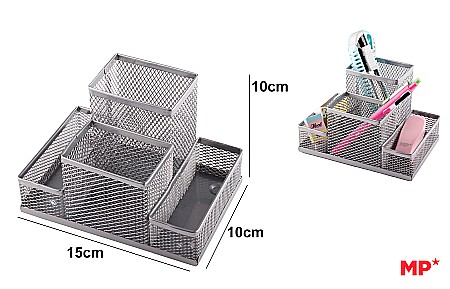 Suporturi articole de birou - SUPORT BIROU IPB PLASA METALICA 4 COMPARTIMENTE ARGINTIU PA903PL