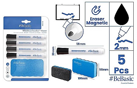 INSTRUMENTE DE SCRIS - MARKER WHITEBOARD BeBasic 4/SET, NEGRU + BURETE TABLA MAGNETICA S013-02