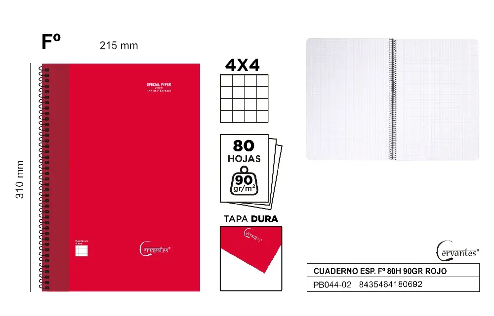 RECHIZITE SCOLARE - CAIET A4+ IPB 80F, SPIRA, COPERTA CARTON ROSU, PATRATELE PB044-02