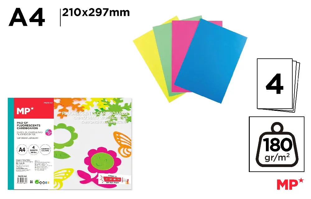 HARTIE PRODUSE DIN HARTIE - CARTON COLOR IPB A4 180GR 4/SET CULORI FLUORESCENTE PN219-A4