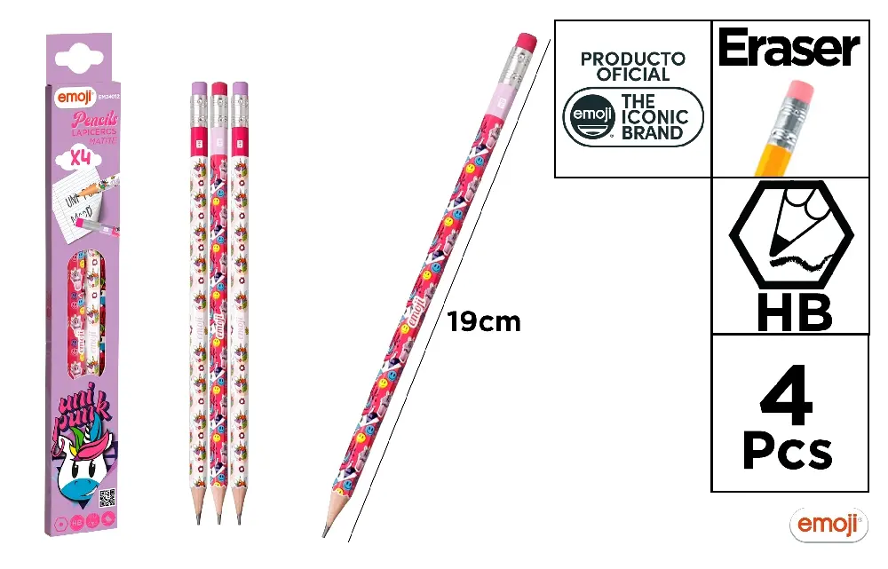 Creioane grafit - CREION HB CU RADIERA COLORATA IPB 4/SET EMOJI UNI PUNK EM24012