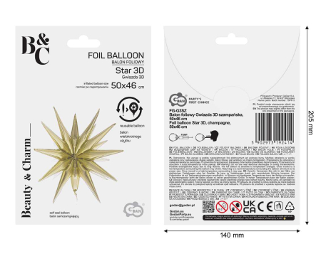 BALON FOLIE ALUMINIU Star 3D, champagne, 50cm FG-G3SZ [3]