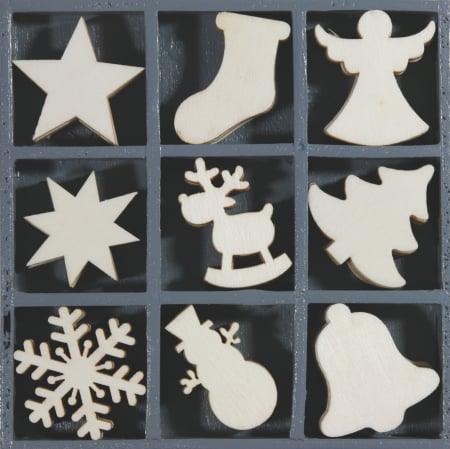 HOBBY - DECORATIUNI LEMN CRACIUN 45 piese, 9 modele, 3cm 18521106