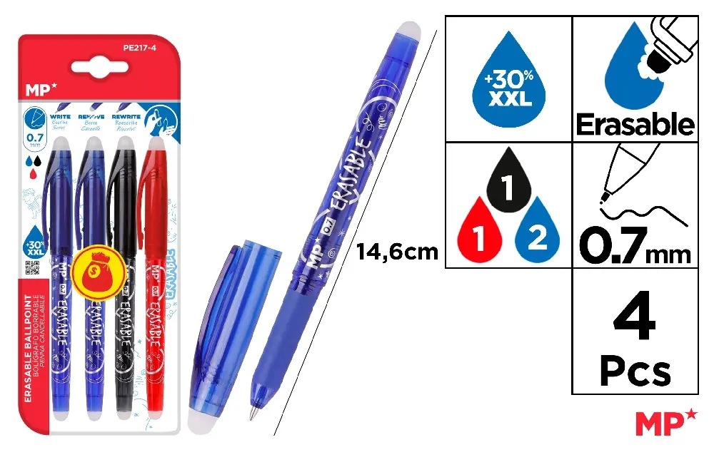 RECHIZITE SCOLARE - PIX CU RADIERA IPB 0.7MM 4/SET 3 CULORI PE217-4