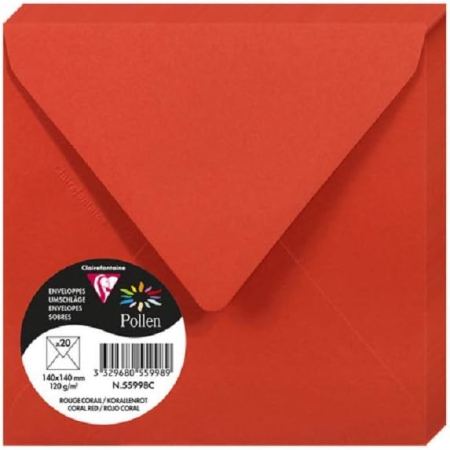 Plicuri Colorate - Set 20 Plicuri Pătrate Clairefontaine Roșu Coral 14x14