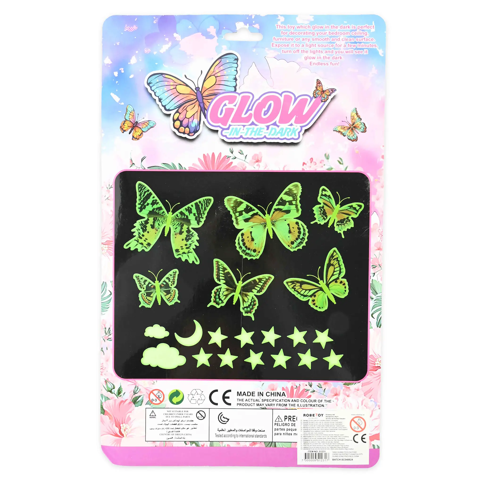 STICKERE PERETE FLUTURI 7-12CM, 21 PIESE, STRALUCESC LA INTUNERIC 51231 [1]