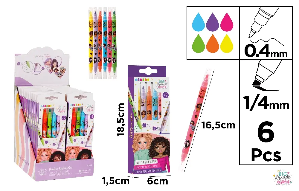 INSTRUMENTE DE SCRIS - TEXTMARKER 1/4MM + FINELINER 0.4MM 2 IN 1 BIG DREAM GIRLS 6 CULORI/SET BD57002