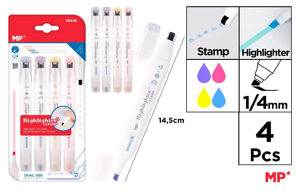 INSTRUMENTE DE SCRIS - TEXTMARKER 1/4MM IPB CU BANDA ADEZIVA DECORATIVA 2 IN 1 4/SET PE546