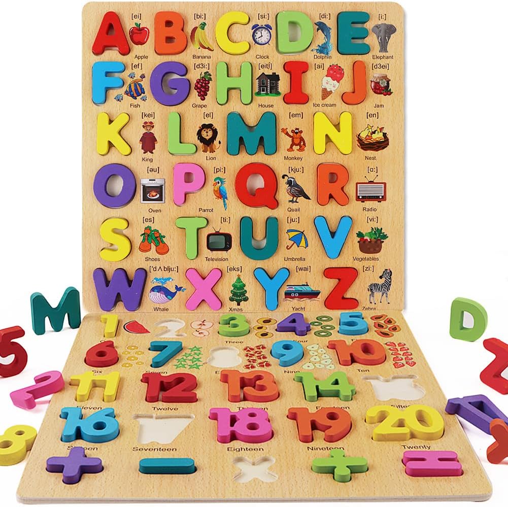 Puzzle incastru din lemn cu litere, cifre sau forme 3D Montessori