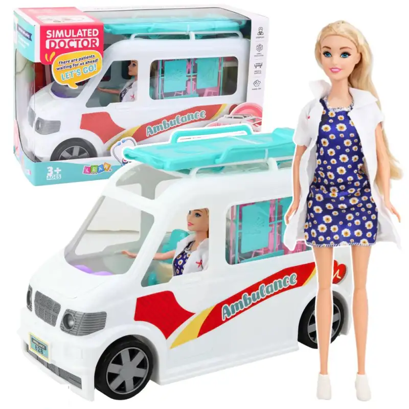 Ambulanta cu papusa doctor si accesorii medicale, jucarie 2 în 1, 3+ ani, 30 cm (marime mare)