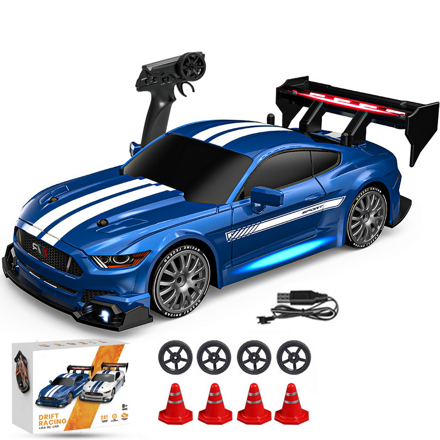 Masina cu telecomanda pentru Drifturi 4x4, 30km/h, lumini LED, cauciucuri interschimbabile, incarcare USB, acumulator inclus 3.7V, 20x6.3x10 cm, Albastr