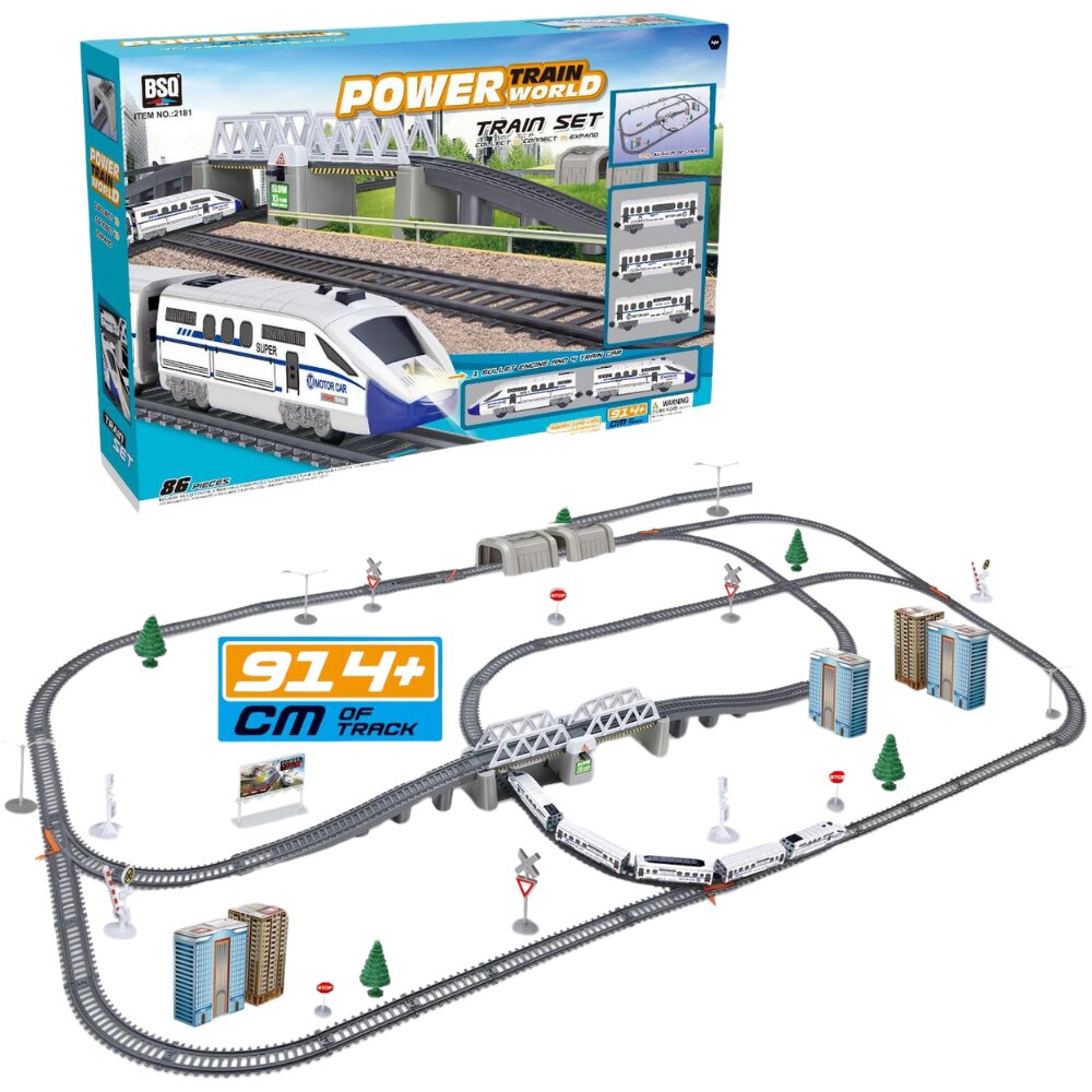 Trenulet electric 86 piese, sine, vagoane de pasageri si alte accesorii incluse