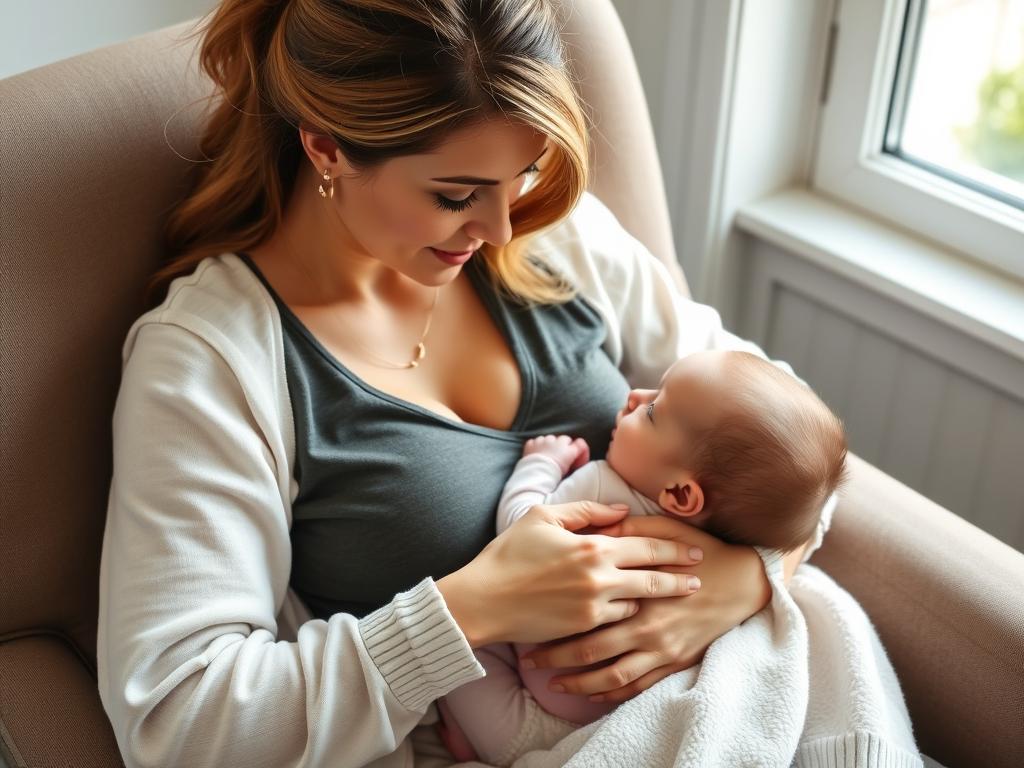 Mamă alăptând bebelușul de 3-4 luni, ilustrând importanța alimentației în dezvoltarea copilului între 3 și 4 luni