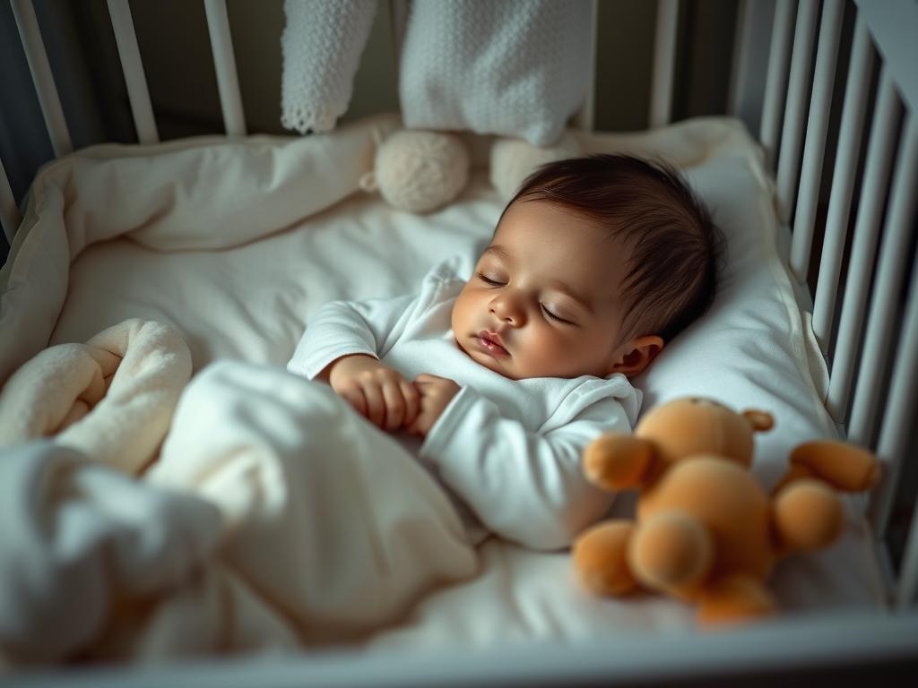 Bebeluș de 5-6 luni dormind liniștit în pătuț, aspect important în dezvoltarea copilului 5-6 luni