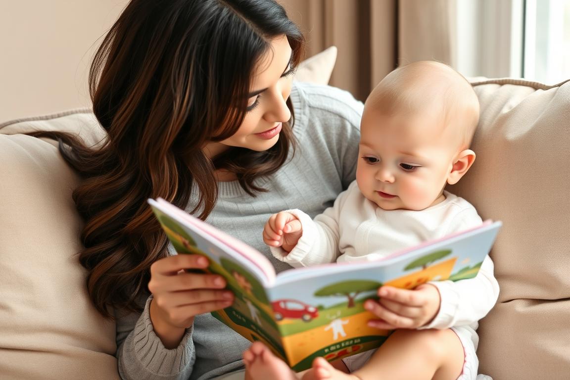 Mamă citind o carte bebelușului, stimulând dezvoltarea cognitivă și a limbajului între 7 și 10 luni