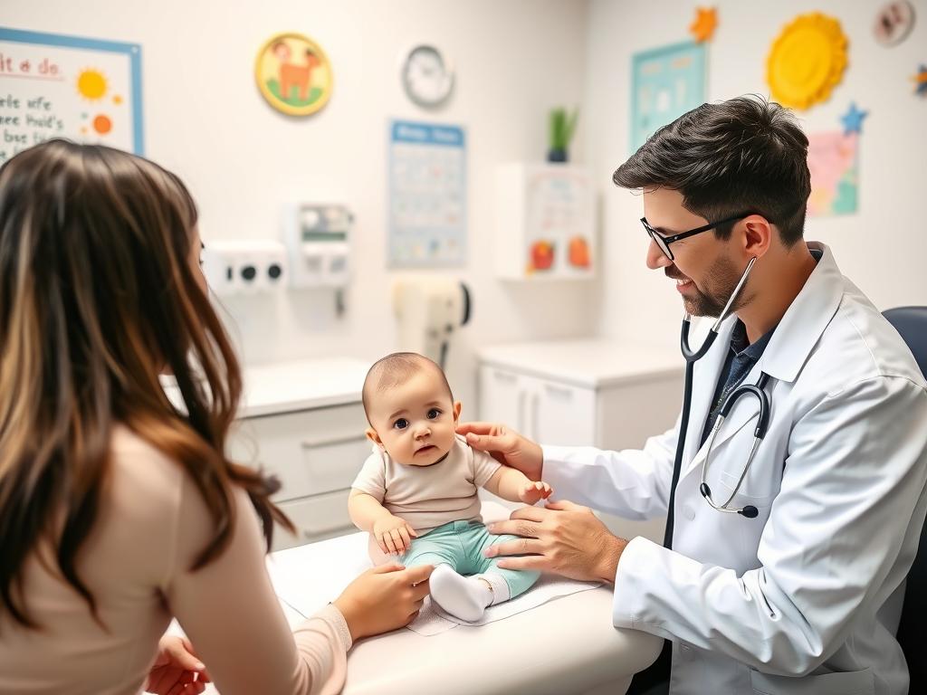 Medic pediatru examinând un bebeluș, aspect important pentru monitorizarea dezvoltării copilului între 7 și 10 luni
