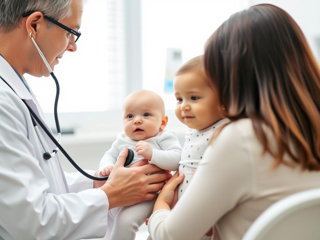 Medic pediatru examinând un bebeluș de 5-6 luni în timpul unui control de rutină, aspect important pentru dezvoltarea copilului 5-6 luni