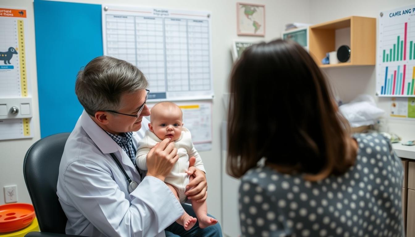 Consultație pediatrică pentru un bebeluș de 3-4 luni, ilustrând importanța monitorizării medicale în dezvoltarea copilului între 3 și 4 luni