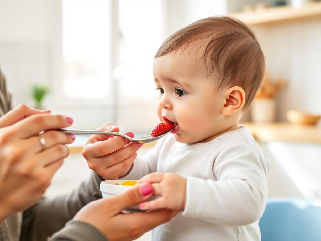 Bebeluș de 5-6 luni fiind hrănit cu primele alimente solide, aspect important în dezvoltarea copilului 5-6 luni