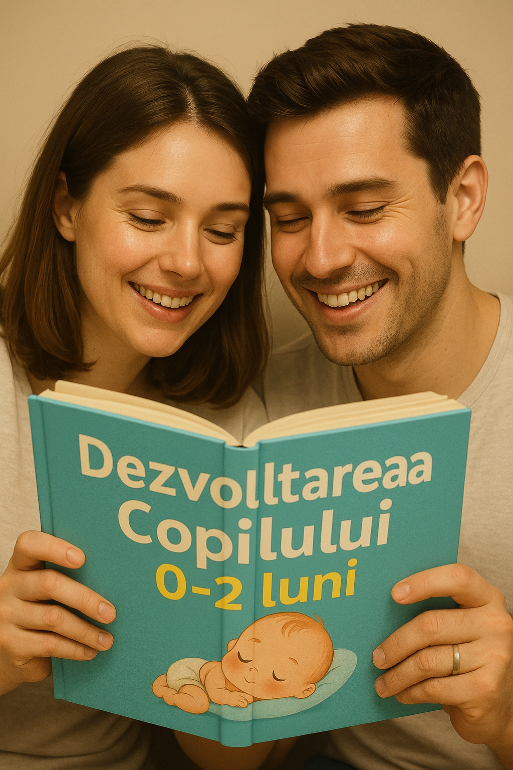 Părinți citind împreună o carte despre dezvoltarea copilului 0-2 luni