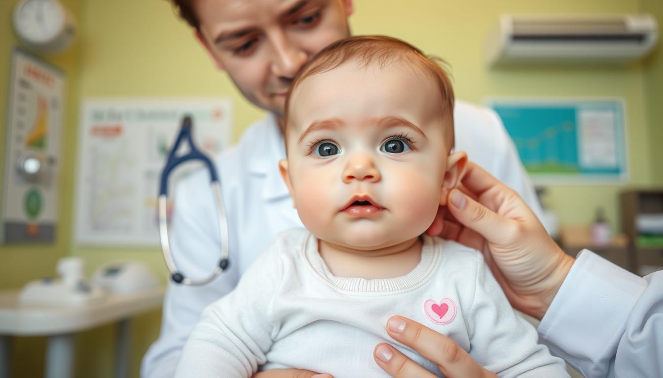 Bebeluș de 3-4 luni în timpul unui control medical, ilustrând monitorizarea dezvoltării copilului între 3 și 4 luni